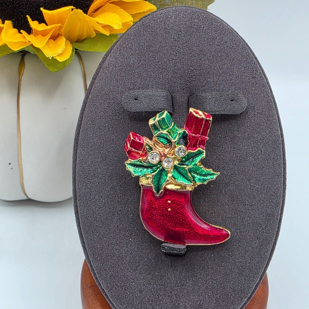 Christmas Stocking Brooch Red Enamel Holly Gifts Rhinestones Festive Holiday Pin